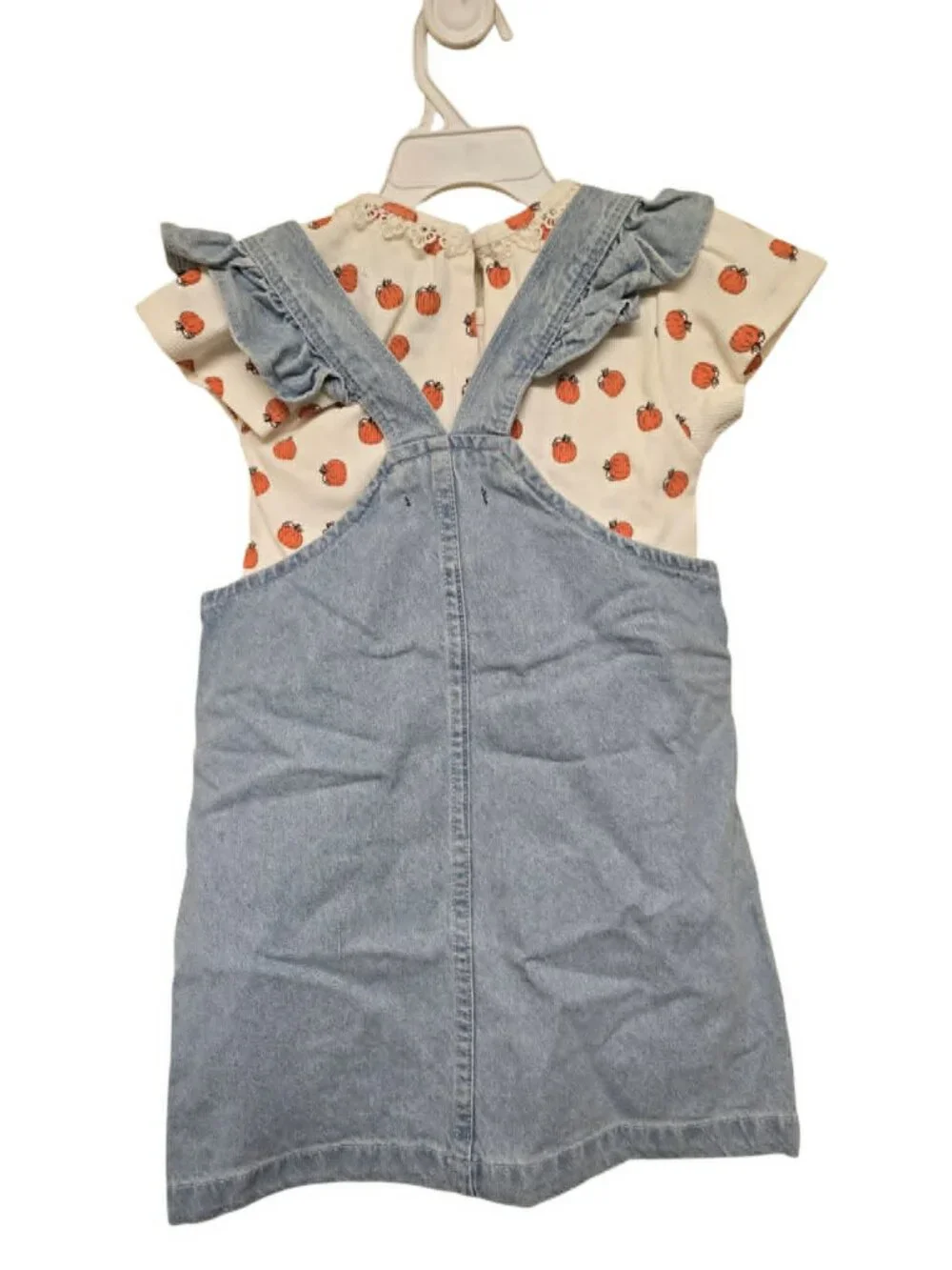 7 For All Mankind Girl's Fall Embroidered Pumpkin Denim Overall Dress + Shirt 4T